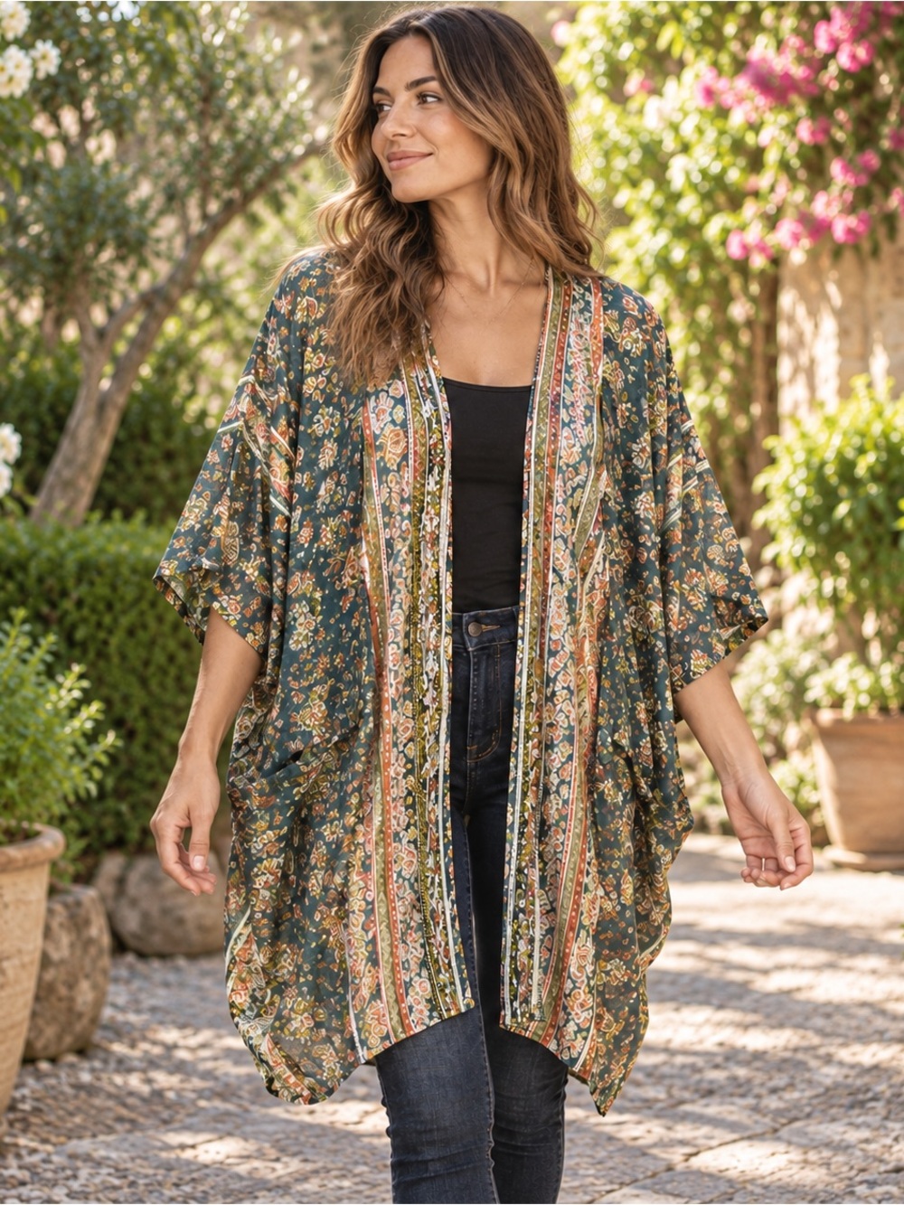 Umgee Green Floral Paisley Open Front Kimono Size Small/Medium